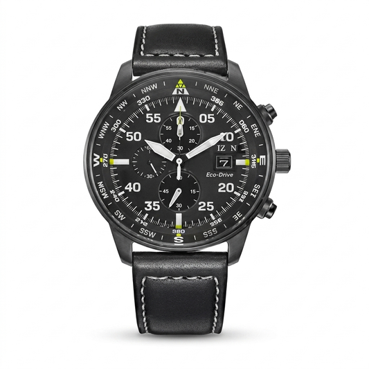 Pilot Chronograph mit Lederarmband Schwarz